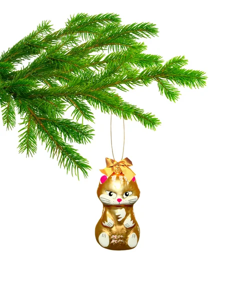 Christmas toy cat on tree — Stock Photo, Image
