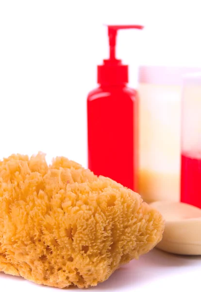 Natural sponge, soap and body lotion — Stock Photo, Image
