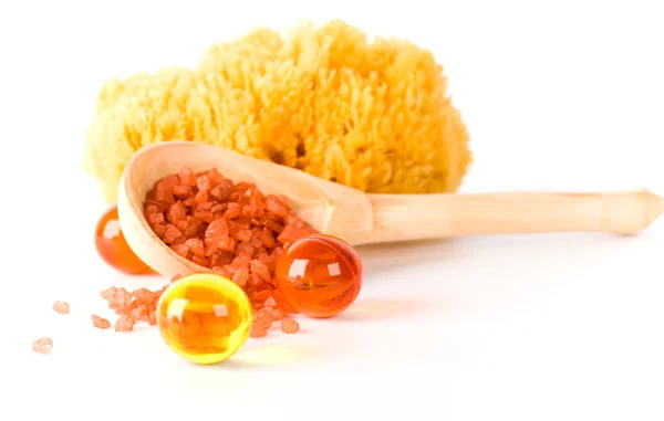 Natural sponge, bath salt and oil balls — Stock Photo, Image