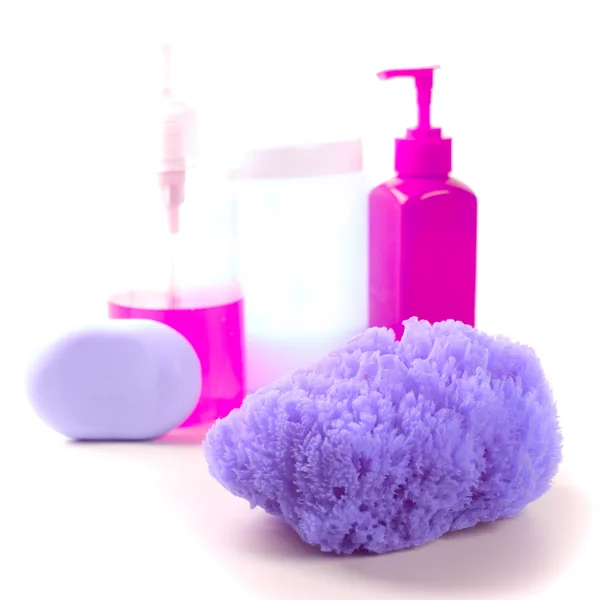 Sponge, soap and body lotion — Stock Photo, Image