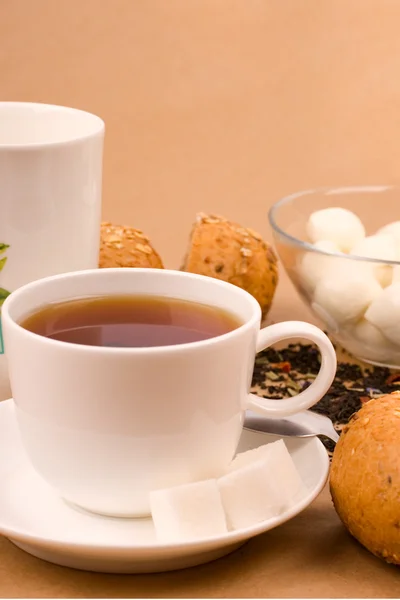 Cup of tea, mozzarella and bread — Stock Photo, Image
