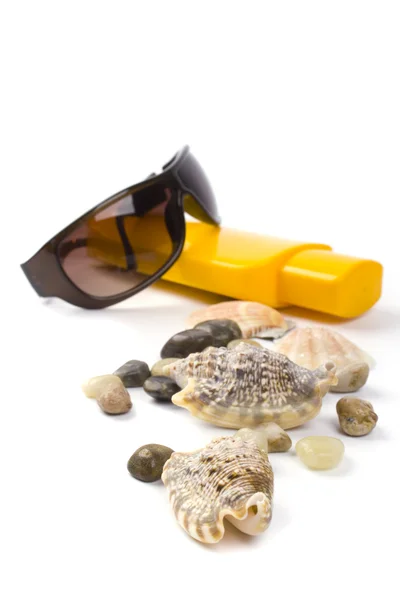 Coquilles, lunettes de soleil et lotion — Photo