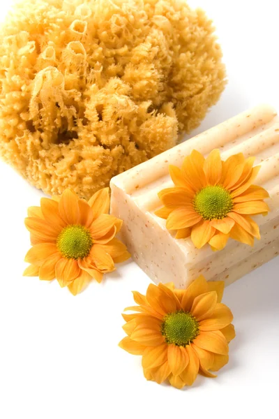 stock image Natural sponge, soap and flowers