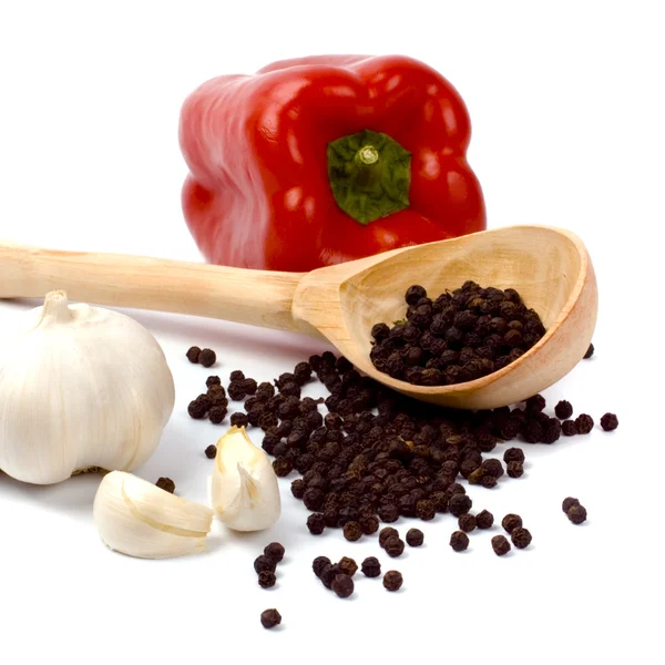 Kırmızı Pul Biber, kara biber ve sarımsak — Stok fotoğraf