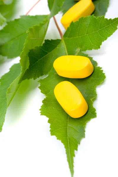 Vitamin hapları üzerinde yeşil yaprakları — Stok fotoğraf