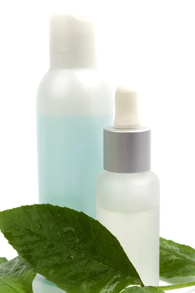 Productos cosméticos con hoja verde —  Fotos de Stock
