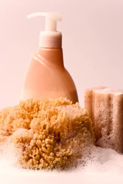 Soap, natural sponge and shower gel — Stock Photo, Image