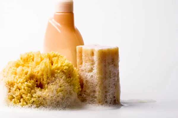 Soap, natural sponge and shower gel — Stock Photo, Image