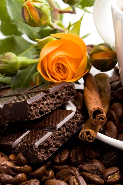 Chocolate, café, canela e flor — Fotografia de Stock
