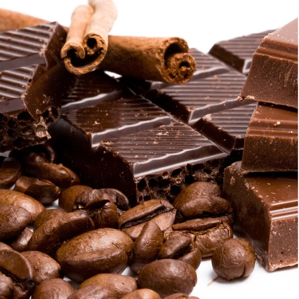 Choklad, kaffe och kanel pinnar — Stockfoto