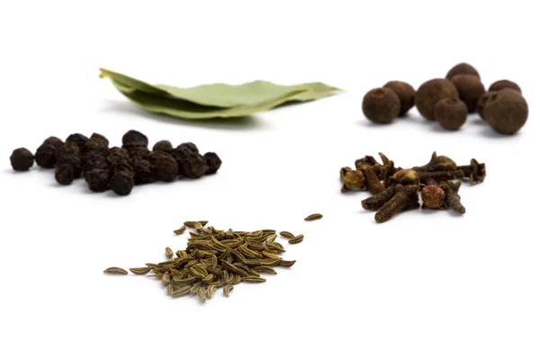 Bay leafs, cloves, caraway and black pep — Stock Photo, Image