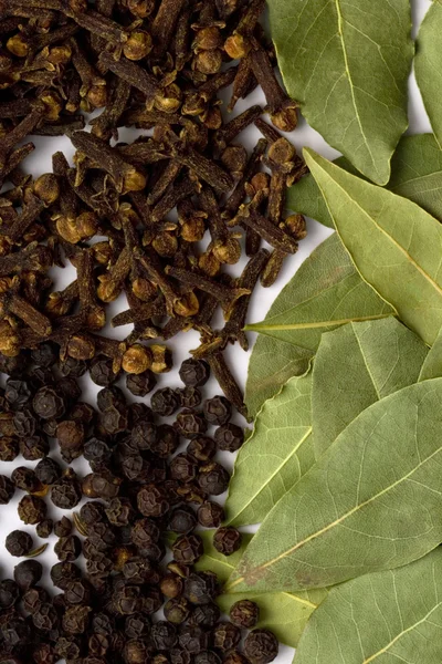 Bay leafs, cloves and black pepper — Stock Photo, Image