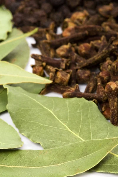 Bay leaves, cloves and black pepper — Stock Photo, Image