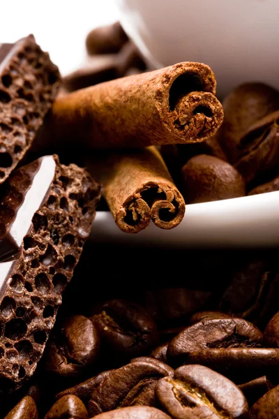 Coffee beans, cinnamon and chocolate — Stock Photo, Image