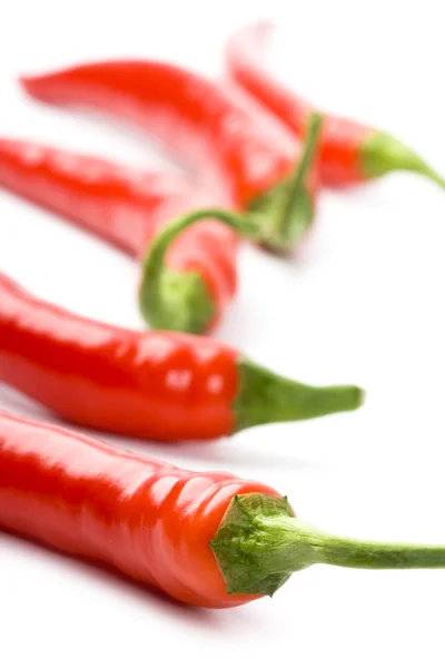 Πέντε κόκκινες πιπεριές τσίλι — Φωτογραφία Αρχείου