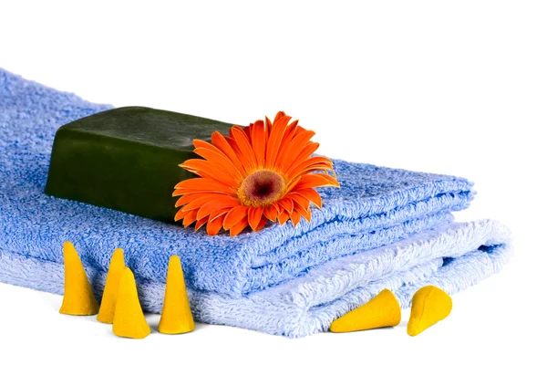 Blue towels, Flower, soap — Stock Photo, Image