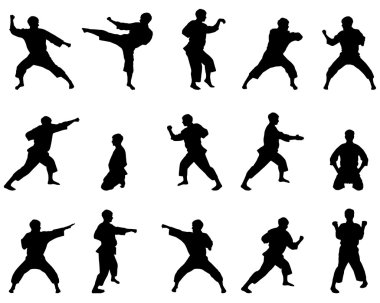 Silhouettes of positions of the karateka clipart