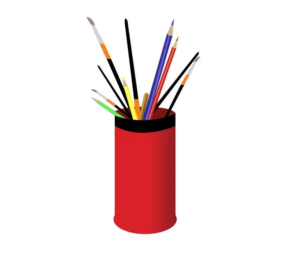 Crayons et pinceaux dans un verre rouge.Vecto — Image vectorielle