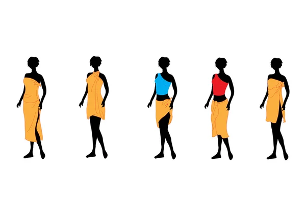 Cinq femmes de mannequins vêtus de t orange — Image vectorielle