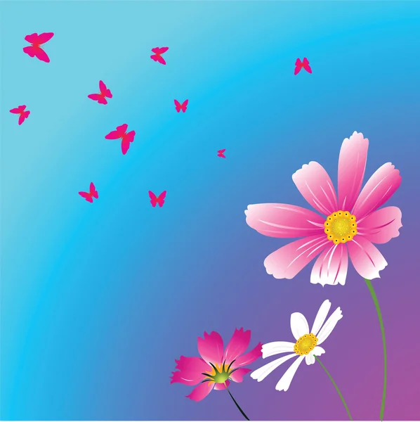 Tre fiori e farfalle. Vettore malato — Vettoriale Stock