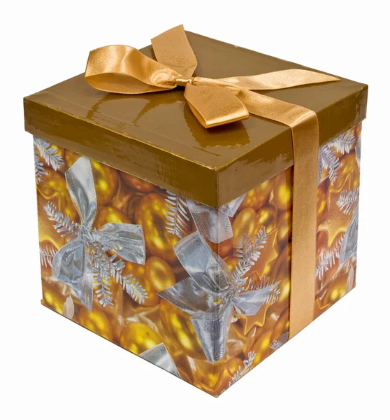Fancy box with Golden ribbon bow — Stock Photo, Image