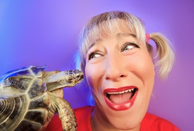 Funny woman with tortoise portrait clipart