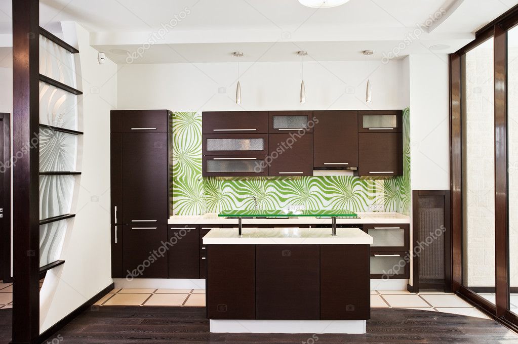 Modern Kitchen With Dark Wooden Floor Stockfoto