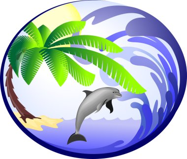 Sea background with palm and dolphin clipart