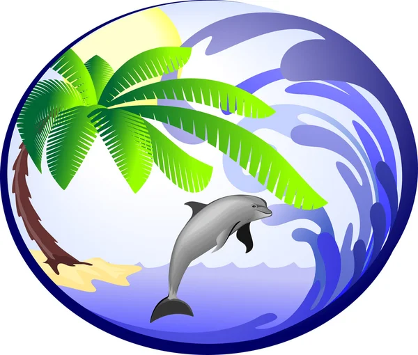 Meri tausta palmulla ja delfiinillä — vektorikuva