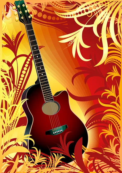 Acoustic guitar on floral background — Stock Vector