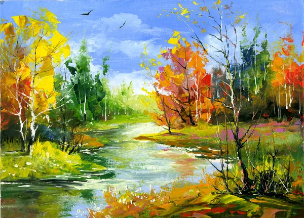 Paysage d'automne avec la rivière en bois — Photo