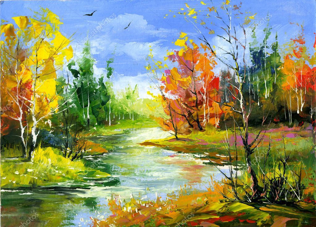 Autumn Landscape With The Wood River, Autumn Landscape Acrylic Painting