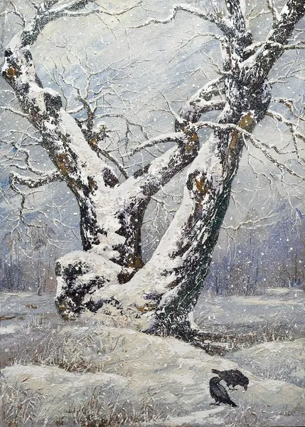 Одинокий дуб в зимнем лесу — стоковое фото