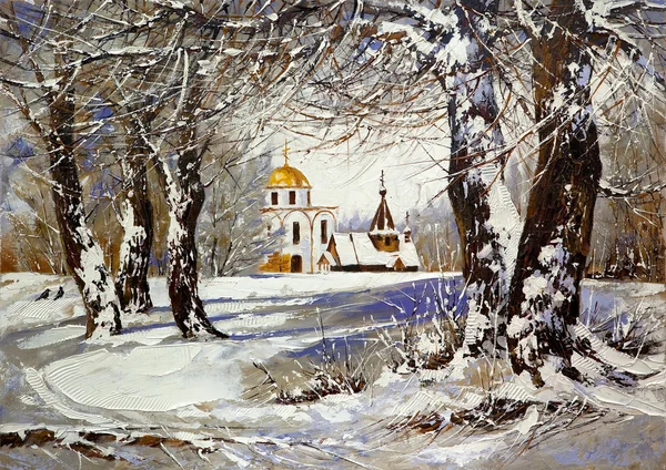 Зимний пейзаж с церковью в лесу — стоковое фото