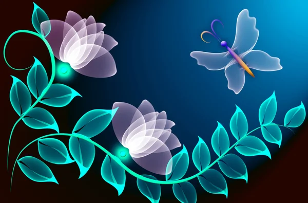 Διαφανή λουλούδια και πεταλούδα — Φωτογραφία Αρχείου