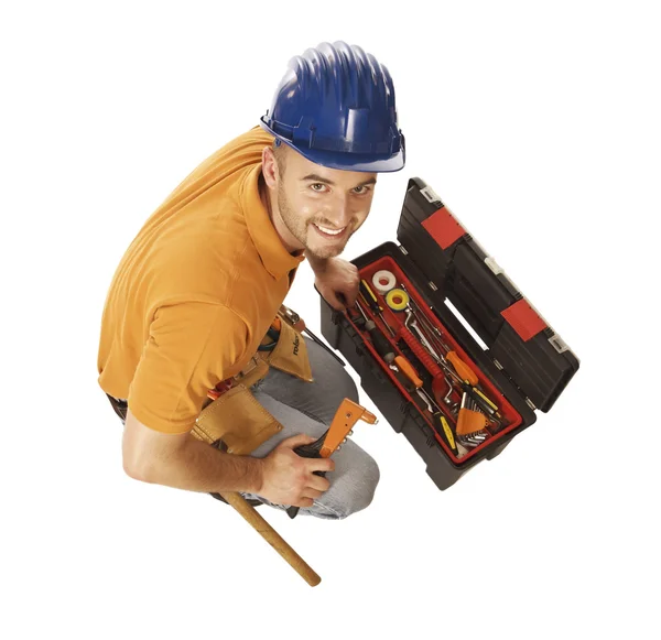 Handyman y caja de herramientas aislados en blanco —  Fotos de Stock