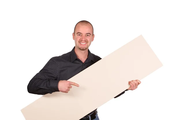 Isolated young man and board — Stock Photo, Image