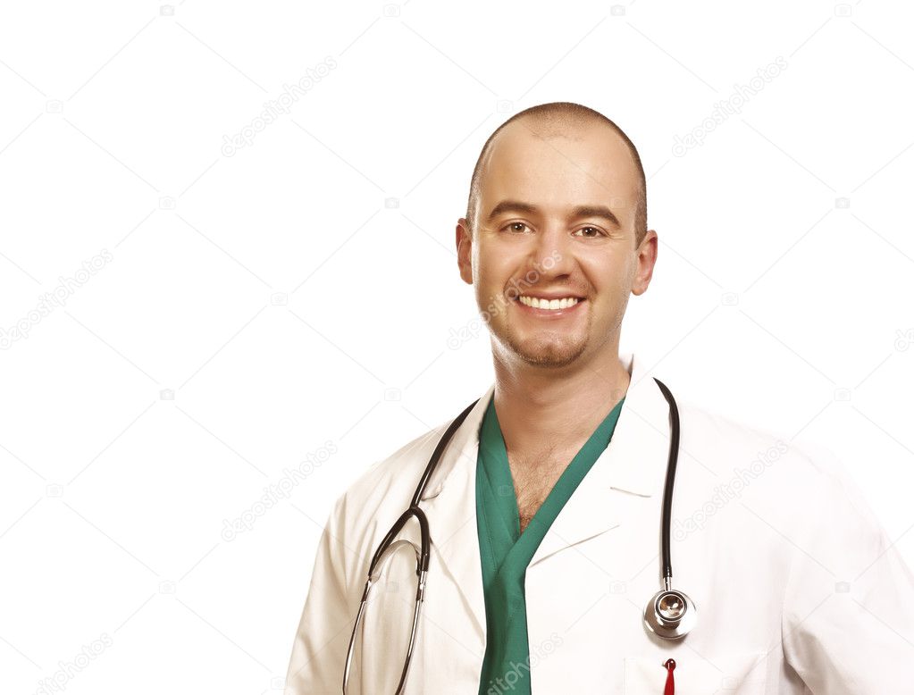 Portrait of caucasian confident young doctor on white background