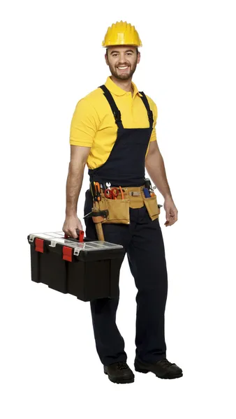 Homem no trabalho com caixa de ferramentas — Fotografia de Stock