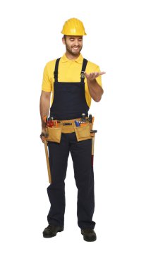 Happy handyman standing on white clipart