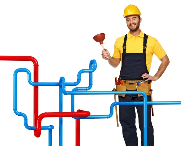 Plumber and pipe background — Stock Photo, Image