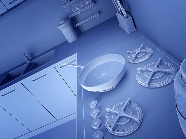 Wireframe 3d kitchen — Stock Photo, Image