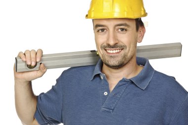 Confident handyman with spirit level clipart