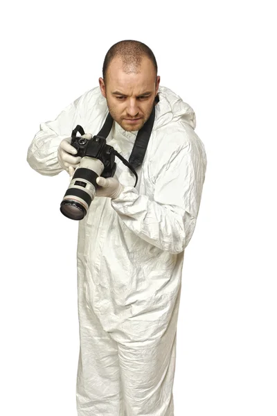 Police scientist with camera — Stock Photo, Image