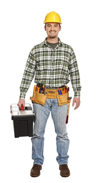 Homme à tout faire debout avec boîte à outils — Photo