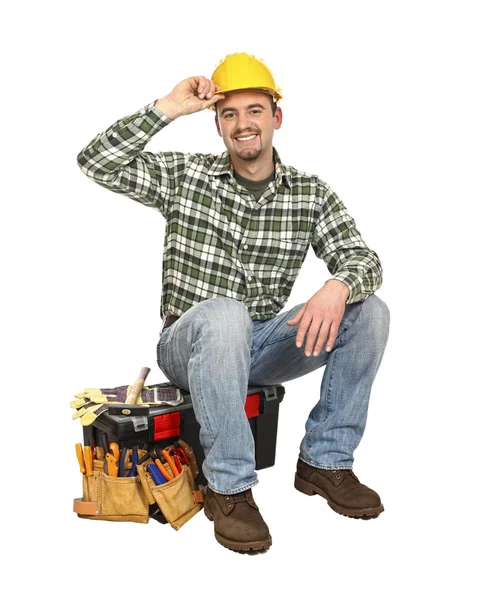 Trabalhador feliz na caixa de ferramentas — Fotografia de Stock