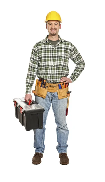 Retrato de trabajador manual con caja de herramientas — Foto de Stock