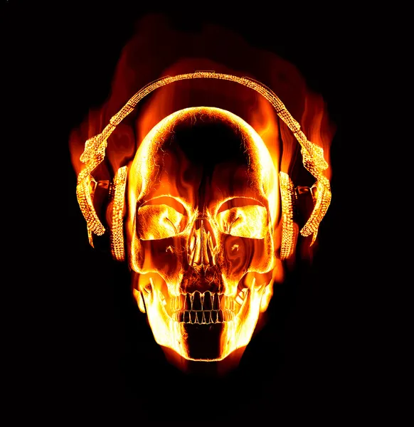 Great image of flaming skull wearing headphones — Stock Photo, Image