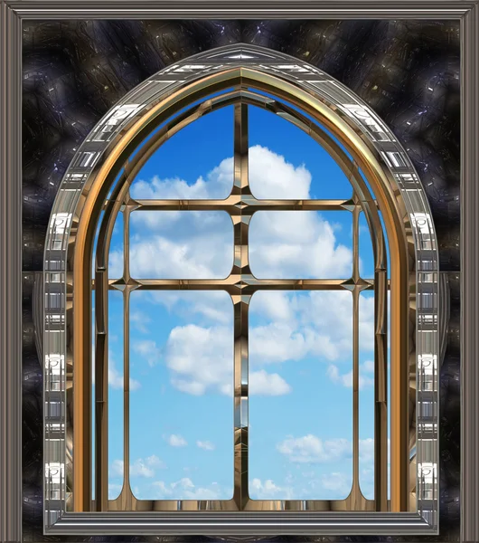 Gothic ή scifi παράθυρο με το μπλε του ουρανού — Φωτογραφία Αρχείου