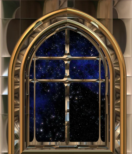 Gothic eller science fiction fönster ute i rymden eller stjärnklar natthimmel — Stockfoto